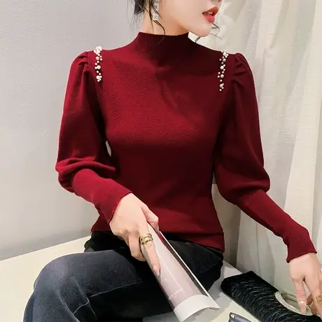 欧货复古烫钻拼接泡泡袖秋冬加厚立领针织衫时尚百搭套头打底衫商品大图