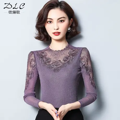 2025新款网纱打底衫女秋冬高领蕾丝上衣性感薄款洋气内搭长袖T恤商品大图