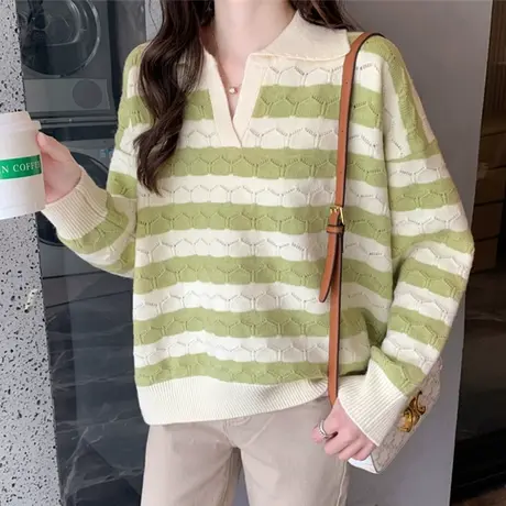 polo领镂空条纹针织衫套头毛衣短款长袖打底衫2024年春季新款上衣图片