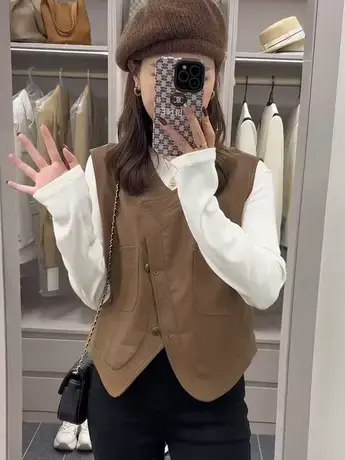 皮马甲背心女秋季2023新款外穿百搭今年流行网红爆款坎肩马夹外套商品大图