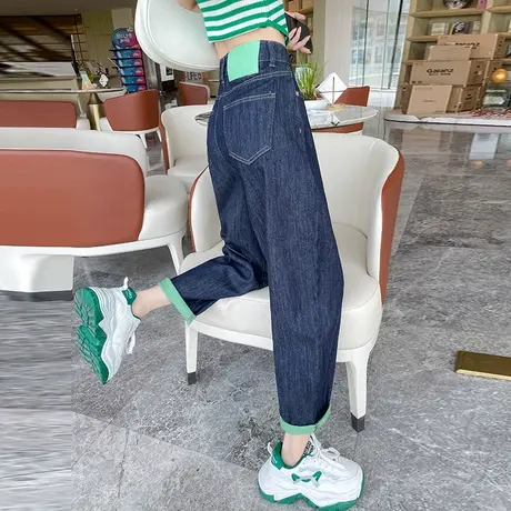 深蓝色牛仔裤女秋冬新款高腰直筒宽松显瘦绿色哈伦阔腿老爹裤子潮商品大图