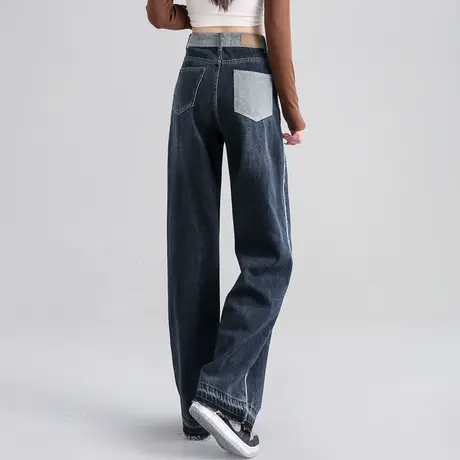 复古拼接撞色薄绒加厚牛仔裤女秋冬裤子女新款2023爆款直筒阔腿裤图片