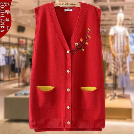 加肥加大码中年胖妈妈春装背心宽松时尚百搭V领针织毛衣马甲外套商品大图