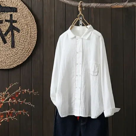 枫谜2023年春季新款文艺双层棉纱红线刺绣双排扣翻领休闲百搭衬衫图片