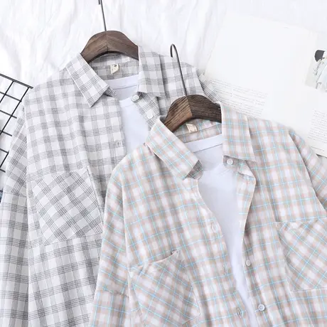 春装新款韩版中长款格子衬衫女长袖宽松bf慵懒风学生百搭外套衬衣图片