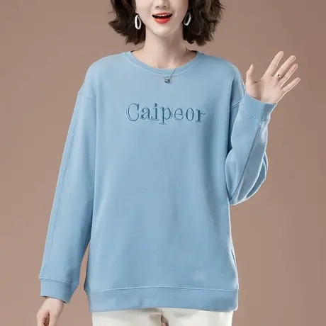 卫衣女春秋薄款加肥加大码女装宽松妈妈休闲百搭新款套头刺绣上衣商品大图
