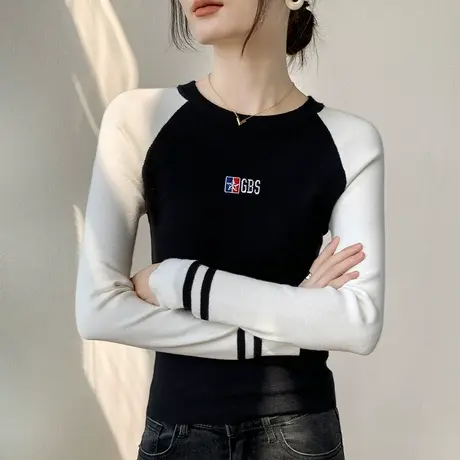 美式正肩撞色拼接长袖T恤女早秋新款刺绣印花修身显瘦内搭打底衫图片