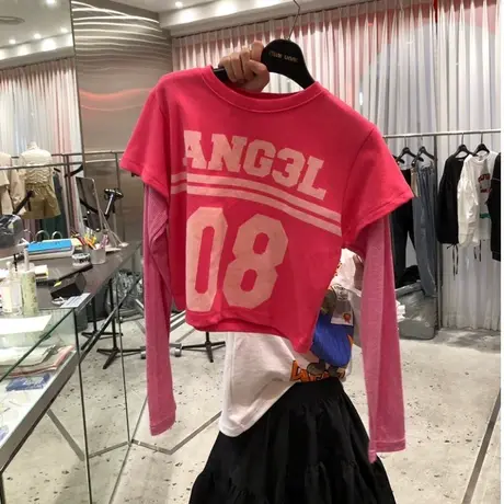 韩国东大门2023年春季新款时尚圆领短款假两件拼接长袖T恤上衣女商品大图