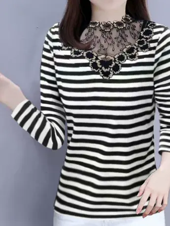 棉长袖t恤女 宽松2023春秋装新款外穿条纹上衣中老年妈妈打底衫商品大图