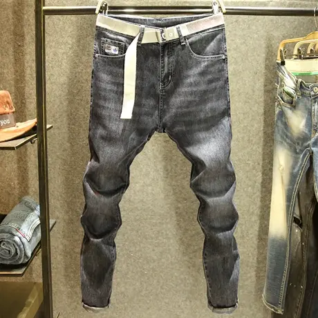 夏季薄款黑灰色牛仔裤男款修身弹力小脚裤潮牌小众刺绣水洗长裤子商品大图