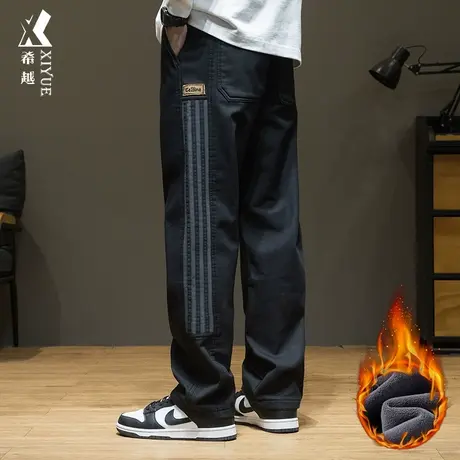 希越奥粒绒宽松大码春秋季男士加绒加厚休闲美式直筒长裤潮流百搭商品大图