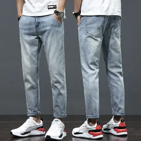 男士破洞九分休闲牛仔裤男裤子2024年新款潮牌直筒宽松春季春秋款商品大图