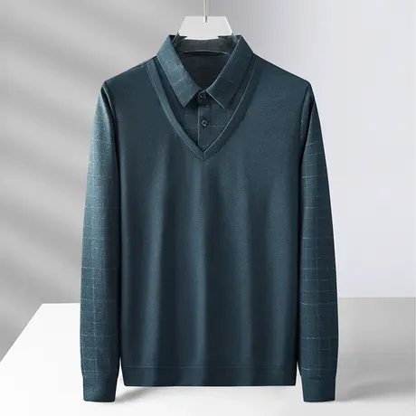 春秋季商务男士长袖衬衫条纹双面绒磨毛爸爸装中年假两件打底衫潮商品大图