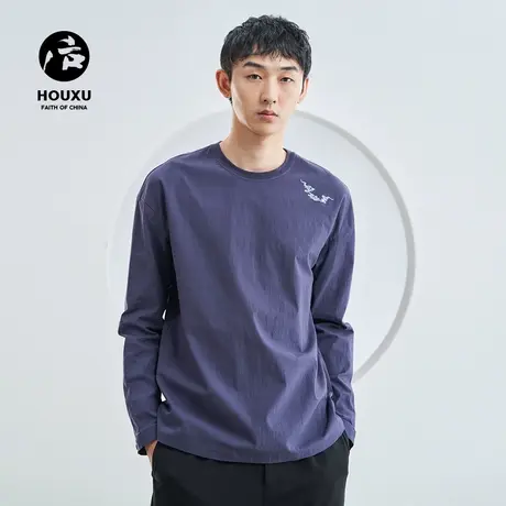 后序刺绣男T恤长袖圆领宽松秋季设计感国潮中国风男装 复古T恤男商品大图