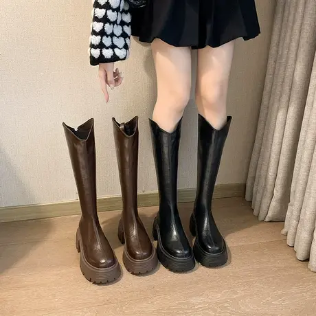 靴子女长筒靴高级感配裙子复古2023年新款秋冬季厚底小个子骑士靴商品大图