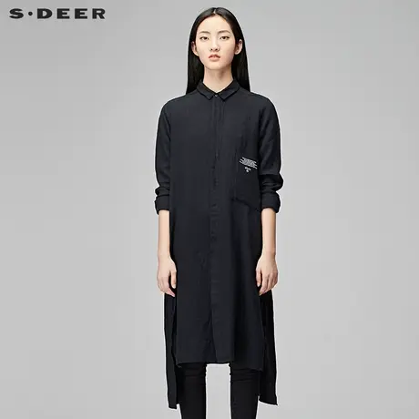 sdeer圣迪奥女装字母印胶开衩底摆长款亚麻衬衫S17480505图片