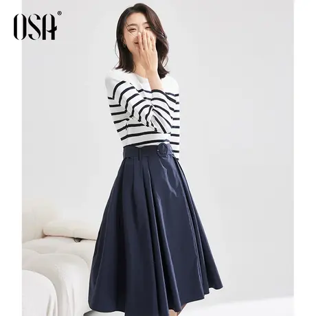 OSA欧莎长袖条纹连衣裙女早秋装2022年新款中长款假两件针织裙子图片
