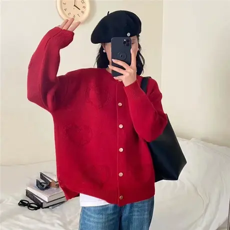 本命年氛围感红色毛衣女外套秋冬加厚针织衫宽松百搭开衫春秋外穿商品大图