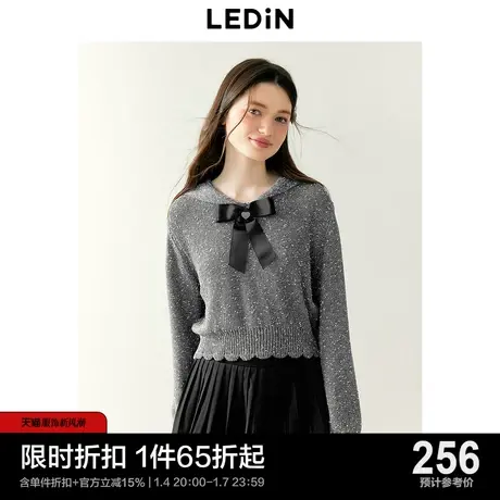 乐町少女风海军领毛针织衫2024年春季新款甜美蝴蝶结装饰短款毛衣图片