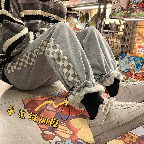 港风男士运动裤子秋冬季宽松加绒直筒卫裤潮流抽绳束脚休闲裤长裤商品大图