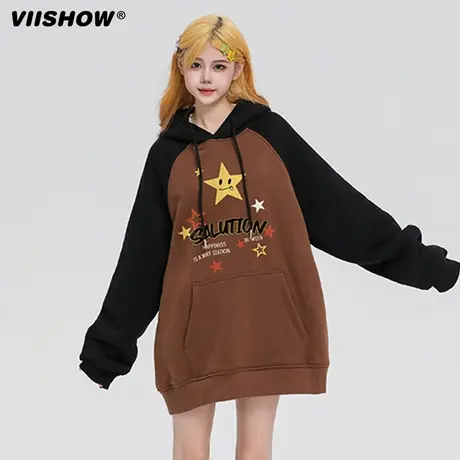 VIISHOW美式甜酷风星星刺绣插肩袖卫衣男炸街显瘦短款连帽衫上衣商品大图