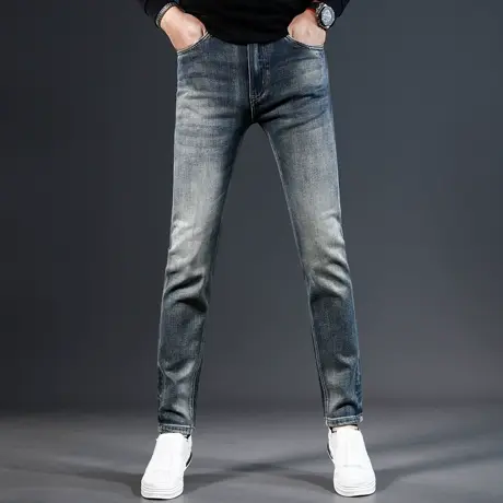 香港高端复古牛仔裤男秋冬款2023新款修身小直筒弹力百搭休闲男裤商品大图