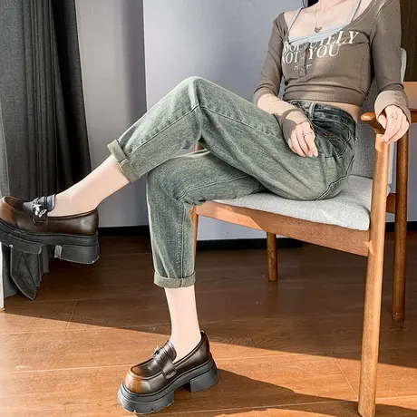 复古哈伦牛仔裤女2024春秋新款高腰显瘦宽松大码冷茶色九分老爹裤图片
