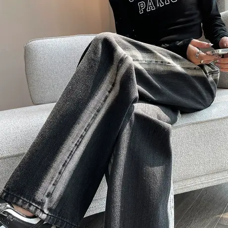 拼色阔腿牛仔裤女2024春秋新款高腰宽松显瘦高个子加长直筒拖地裤商品大图