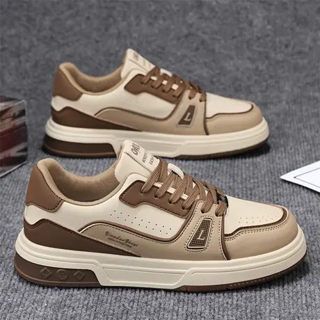 男鞋春季2024新款百搭休闲平板鞋青少年皮面防水运动增高复古潮鞋图片