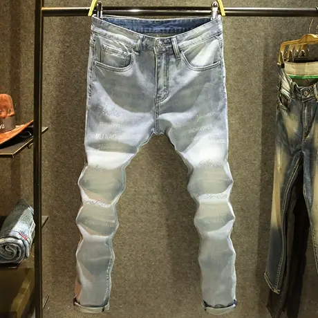 高端时尚英文印花牛仔裤男款修身弹力百搭长裤春季新款镶钻小脚裤商品大图