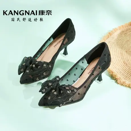 康奈女鞋时尚都市春季新款尖头高跟鞋女士细跟套脚工作鞋浅口单鞋图片
