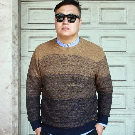 大依无忧新款渐变韩版特大号大码男装毛衣加肥加大圆领男士线衣图片