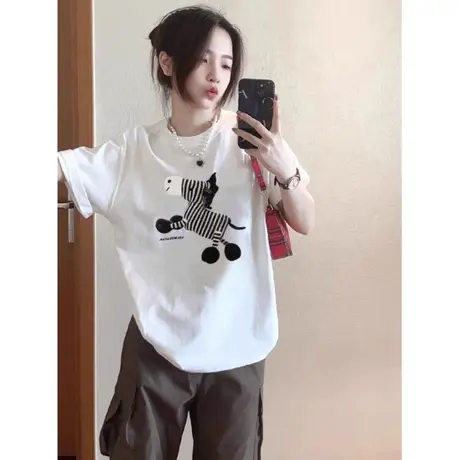 酒红色正肩短袖t恤女2024新款夏装甜美高级感打底衫宽松半袖上衣商品大图