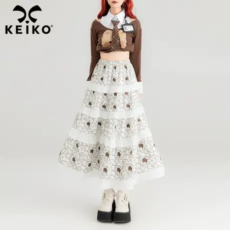KEIKO层叠蕾丝花边白色半身裙2024春夏甜美小熊印花风拼接A字长裙商品大图