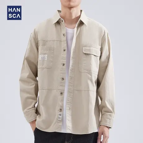 hansca工装衬衫男秋季新款日系复古潮流宽松百搭休闲拼接衬衣外套商品大图