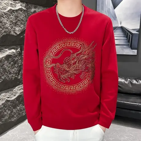 2024龙年新款男士长袖T恤衫本命年大红色加肥加大码宽松卫衣体恤商品大图