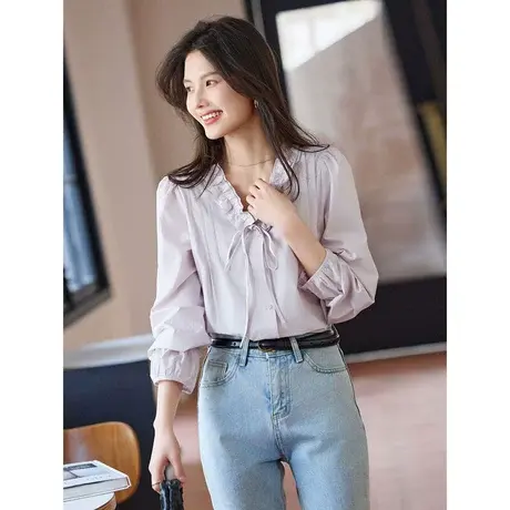 时尚长袖衬衫2024年春季新款女花边V领温柔百搭减龄淑女套头上衣商品大图