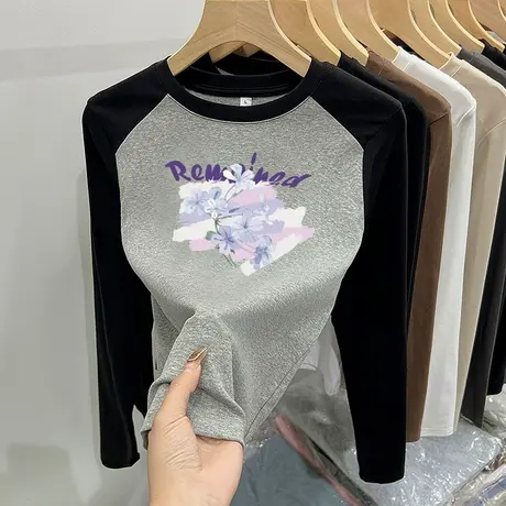 2024早春新款上衣女2024爆款撞色圆领修身显瘦t恤印花打底衫秋季图片