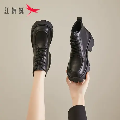 红蜻蜓皮鞋女真皮短靴冬2023年新款官网中帮靴子粗跟松糕底马丁靴商品大图