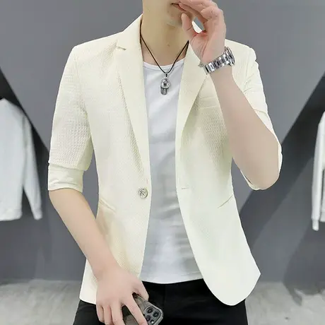 夏季华夫格七分袖西装男士韩版格子薄款五分中袖修身小西服外套潮商品大图