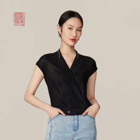 EP雅莹高端系列 V领烫钻桑蚕丝短袖薄针织衫 商场同款9504A商品大图