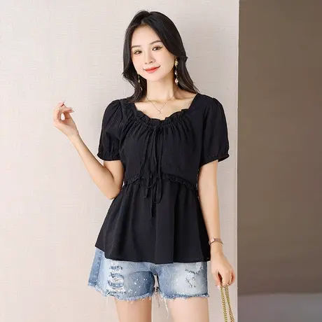 伊自尚2023年新款女装大码胖mm夏季时尚显瘦方领雪纺衫女短袖上衣商品大图