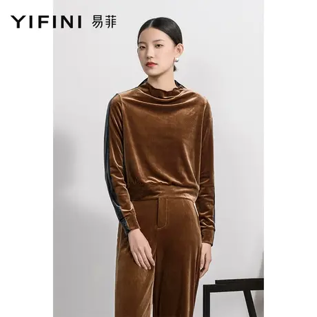 Yifini/易菲宽松套头衫上衣女早秋新款长袖半高领撞色拼接T恤商品大图