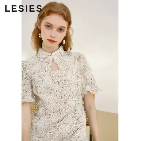 LESIES蓝色倾情夏装新款女装花色旗袍款国风珍珠花边气质连衣裙图片