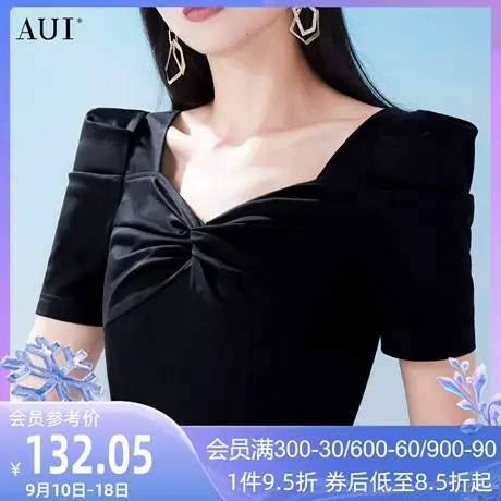 AUI黑色法式针织修身上衣女2023夏新款气质设计感显瘦泡泡袖上衣图片