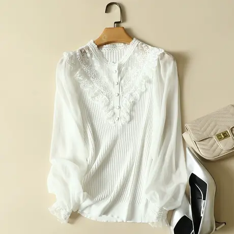 秋季2023年新款雪纺袖冰丝针织衫女长袖百搭上衣洋气蕾丝打底衫女图片