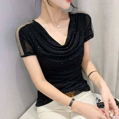 欧货性感网纱T恤女短袖2023夏装新款时尚镂空上衣气质垂感小衫ins商品大图