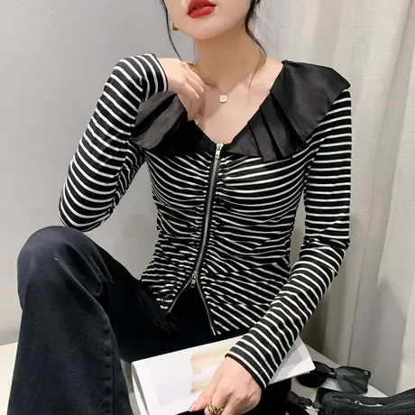 时尚娃娃领长袖T恤女2023秋季新款设计感拉链开叉上衣条纹打底衫商品大图