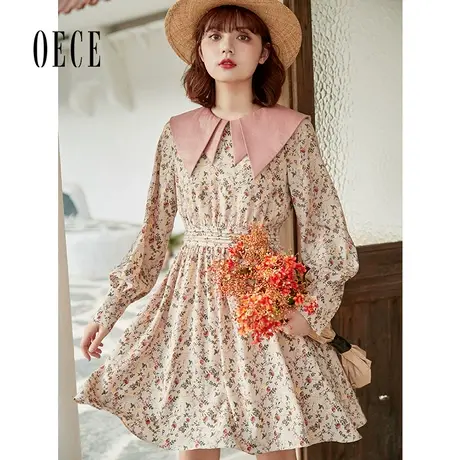 Oece复古碎花连衣裙春秋春装新款女甜美娃娃领长袖气质裙图片
