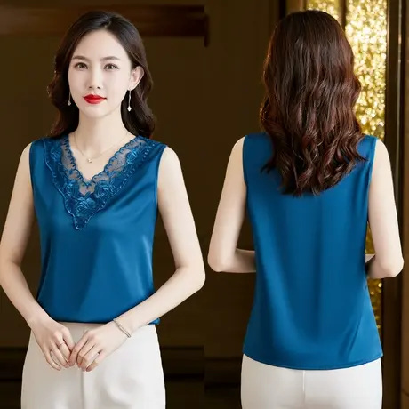 吊带背心女无袖上衣洋气刺绣性感蕾丝v领西装内搭蕾丝醋酸上衣图片